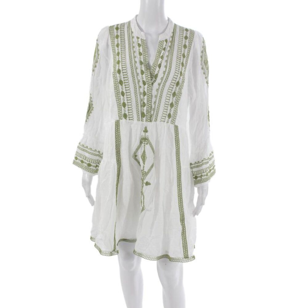Hale Bob Women Mini V-Neck Geometric Cotton Dress White Long Sleeve Size L
